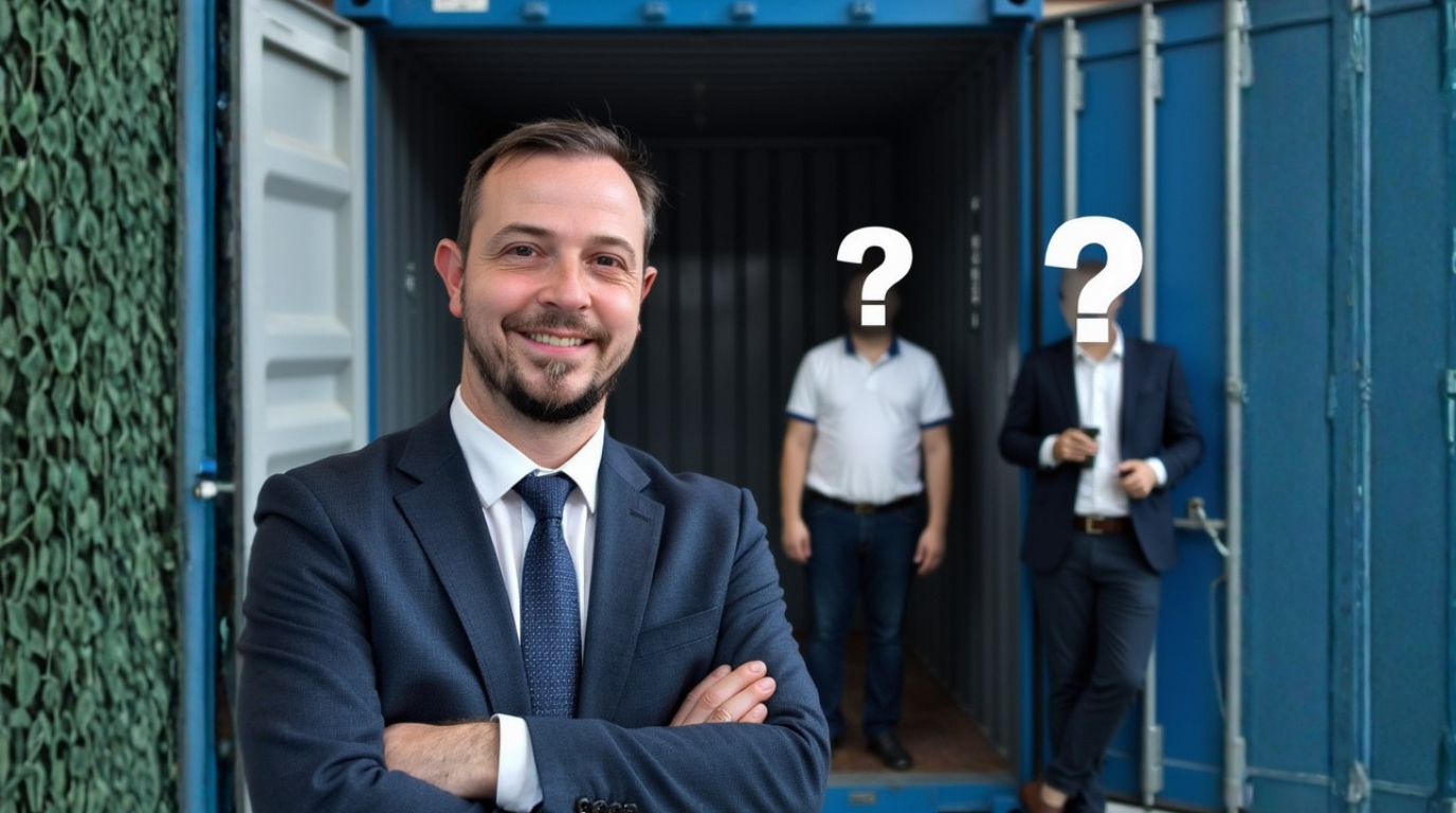 Teamfoto im Containerhandel: Gesch&auml;ftsf&uuml;hrer von CONTAINION vor einem offenen Seecontainer, daneben zwei Personen mit Fragezeichen als Symbol f&uuml;r offene Stellen.