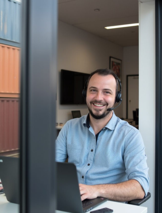 Stefan Mädchen von CONTAINION im Bürocontainer mit Blick auf Seecontainer – Beratung zu gebrauchten und neuen Containern.